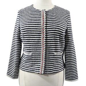 Ruby Rd. Navy Blue White Stripe Textured Collarless Snap-Up Jacket Whimsical